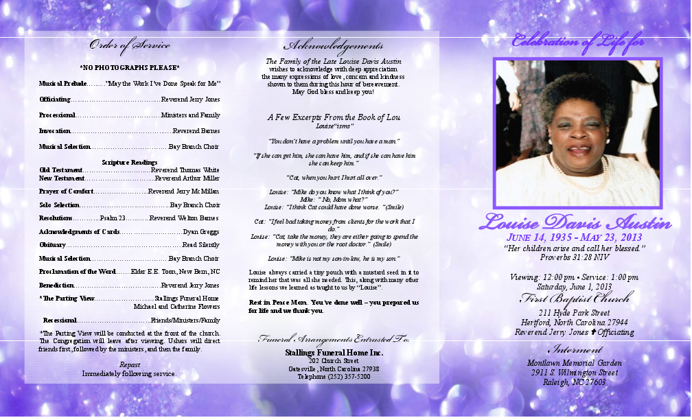 Celebration of Life program for Louise D. Austin - front